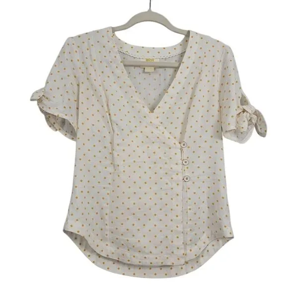Anthropologie Maeve Louise Wrapped Blouse Sz 2 White Yellow Polka-dot Linen Top - Picture 2 of 8